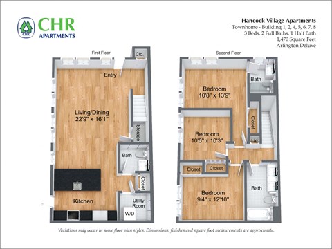 Floor plan for 3 beds, 2.5 baths, 1470 sqft